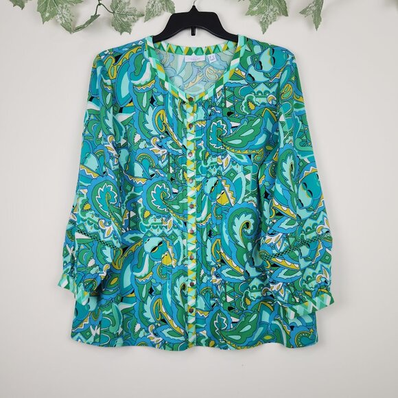 Susan Graver Passport Size L Green Blue Mustard Button Front Relaxed Top Blouse - Picture 1 of 7